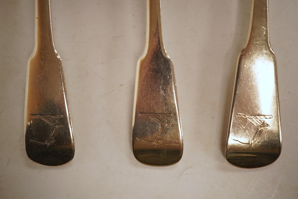 A matched set of six George III silver fiddle pattern table spoons, including four by Eley, Fearn and Chawner, London, 1820 and two London, 1808, 14.2oz.